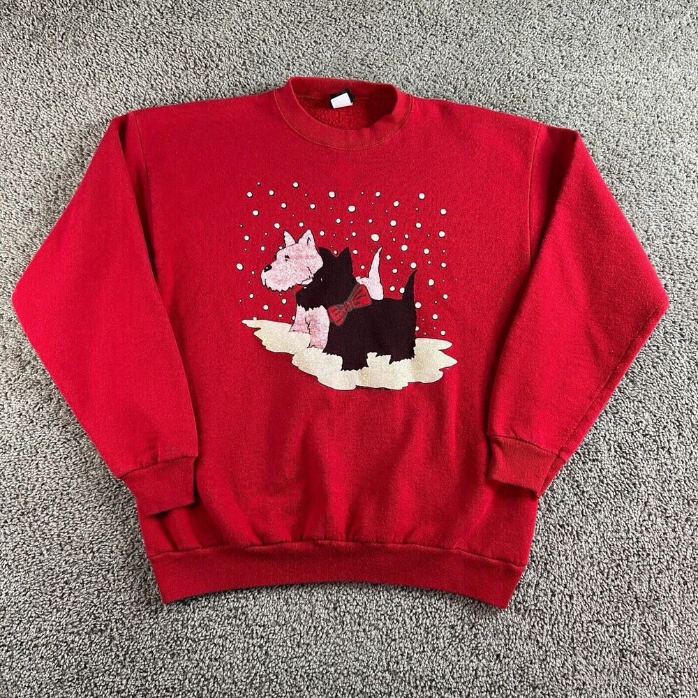 VTG 80s Scottish Terrier Sweatshirt Mens L Red Diamond Dust Scotty Dog Glitter